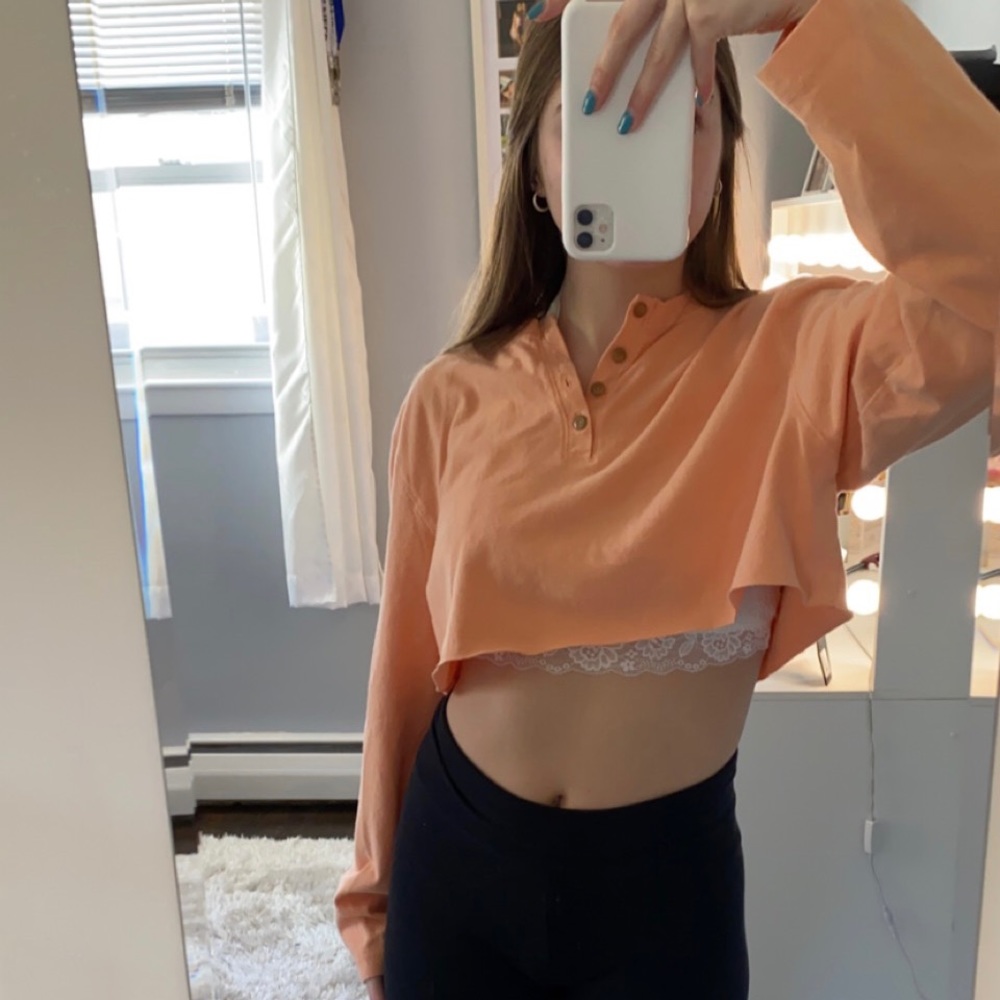 Peach Half button Long Sleeve Crop Top